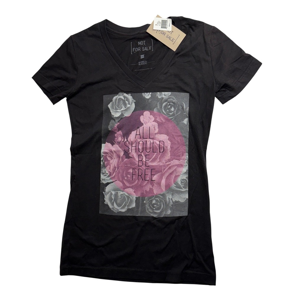 Not For‎ Sale T-Shirt Women Small Black All Should Be Free Floral Graphic V-Neck